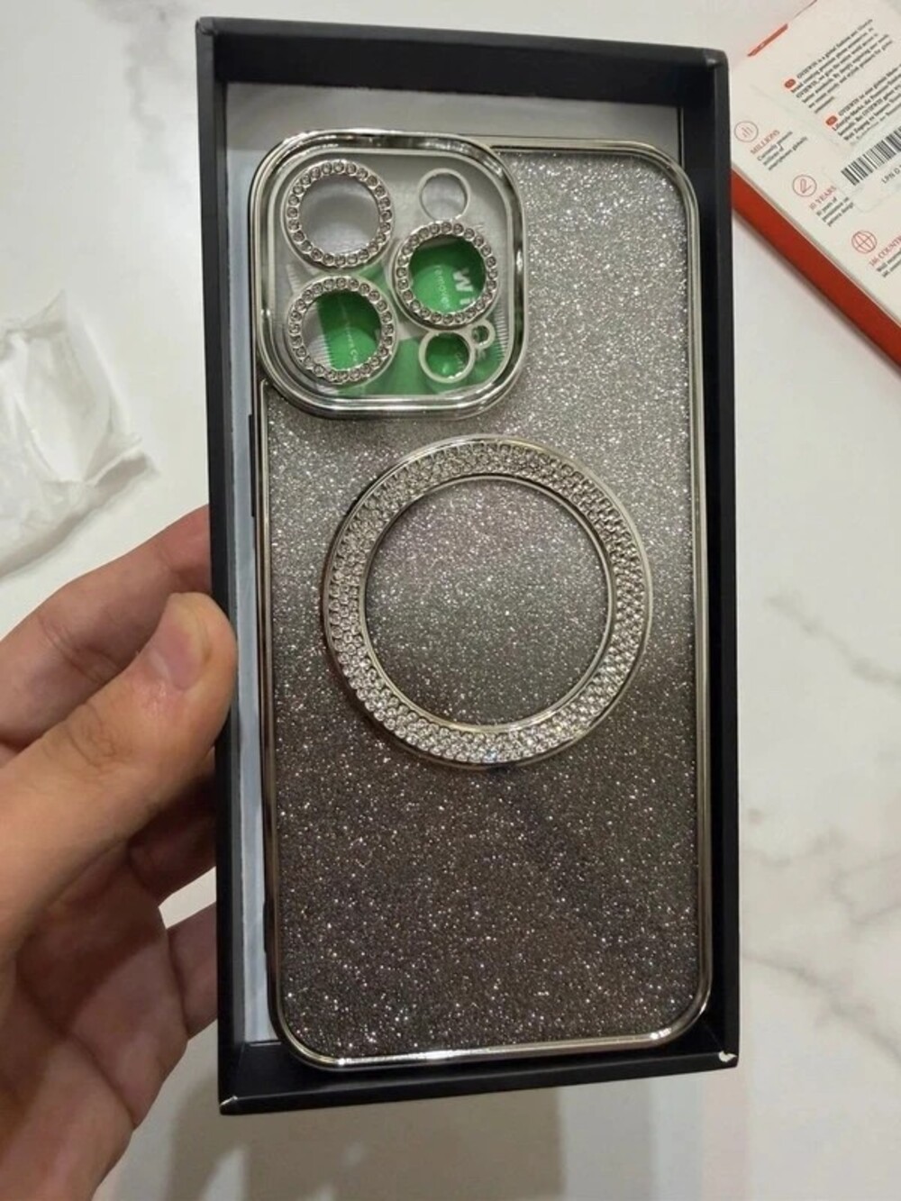 iPhone 14 Pro Max Case Silver Glitter Magnetic Rhinestone Ring Bundle